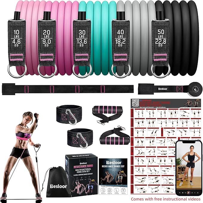 Resistance Band Set. Exercise Bands with Handles, Door Anchor and Ankle Strap. Home Gym, Supports... | Amazon (US)