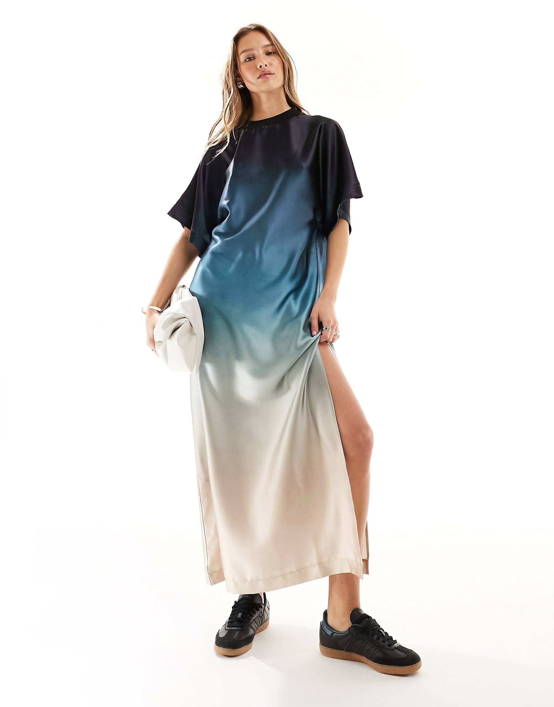 ASOS DESIGN satin oversized midi T-shirt dress in blue ombre | ASOS | ASOS (Global)