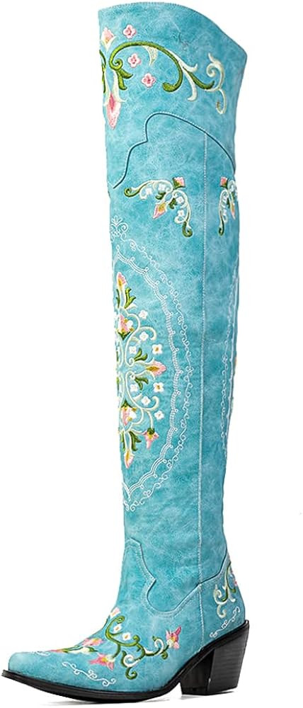 VOMIRA Knee High Boots for Women Pointed Toe Chunky Cork Heel Knight Boots Vintage Embroidery Cow... | Amazon (US)