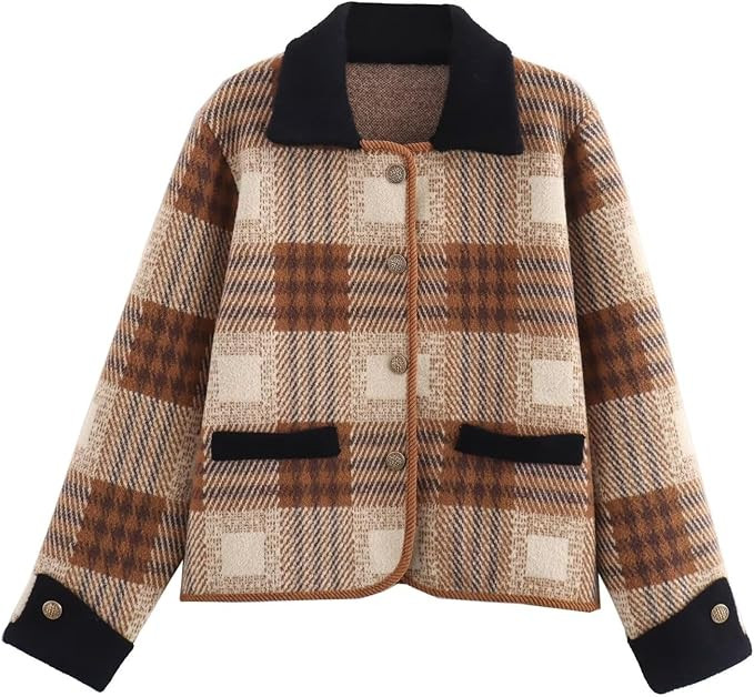 HOULENGS Women's Vintage Long Sleeve Plaid Print Cardigan Sweater Button Down Lapel Knit Sweater ... | Amazon (US)