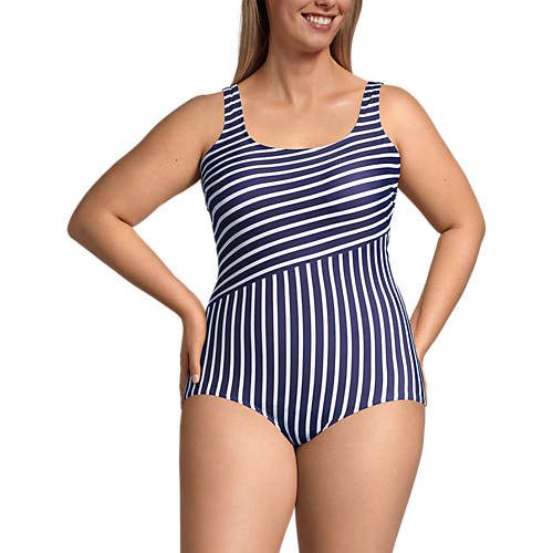 Women's Plus Size Chlorine Resistant Scoop Neck Soft Cup Tugless Sporty One Piece Swimsuit Print | Lands' End (US)
