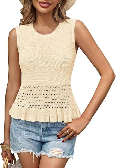 Saodimallsu Womens Crochet Crop Tank Tops Sleeveless Crew Neck Ruffle Summer Boho Knit Sweater Ve... | Amazon (US)
