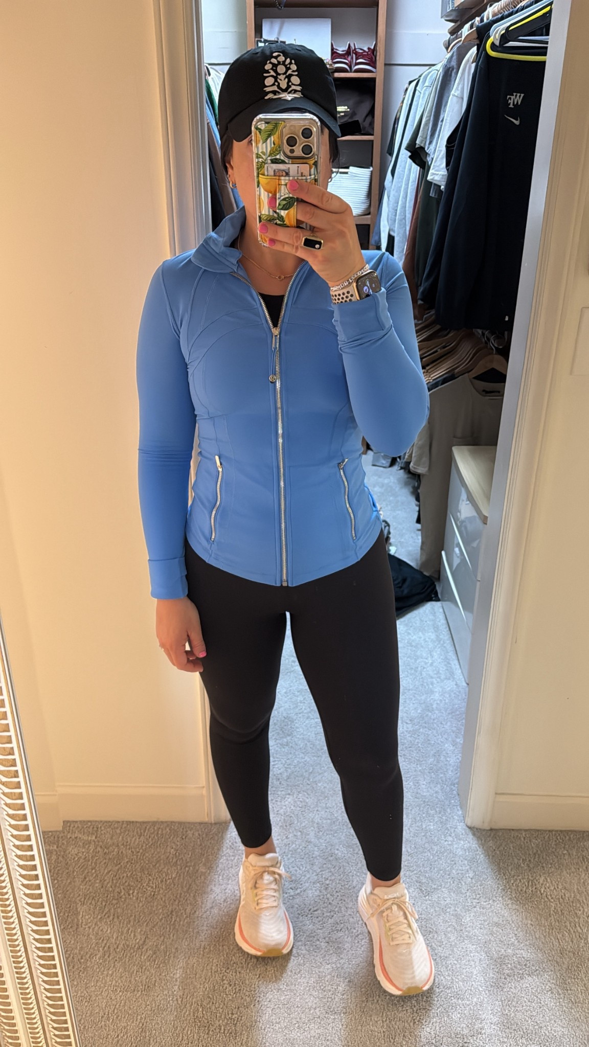 Workout style. 
Lululemon nulu jacket. 
Wonder under train leggings. 
Hoka sneakers. 
Free people hat  

#LTKShoeCrush #LTKActive #LTKTravel