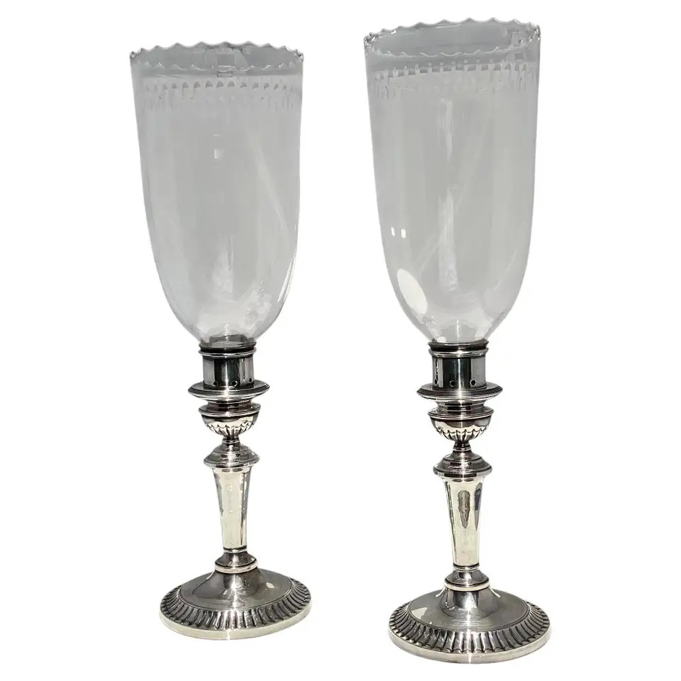 Pair of English Hand Chased Silver Plated with Glass Hurricanes by Folgate | 1stDibs