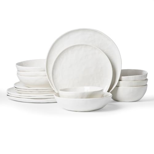 Famiware Porcelain kitchen plates and bowls set, Modern dishes set for 4, Handmade Wave Edge Dinnerware Sets, Microwave and Dishwasher Safe Tableware, Polar White (16pc) | Amazon (US)