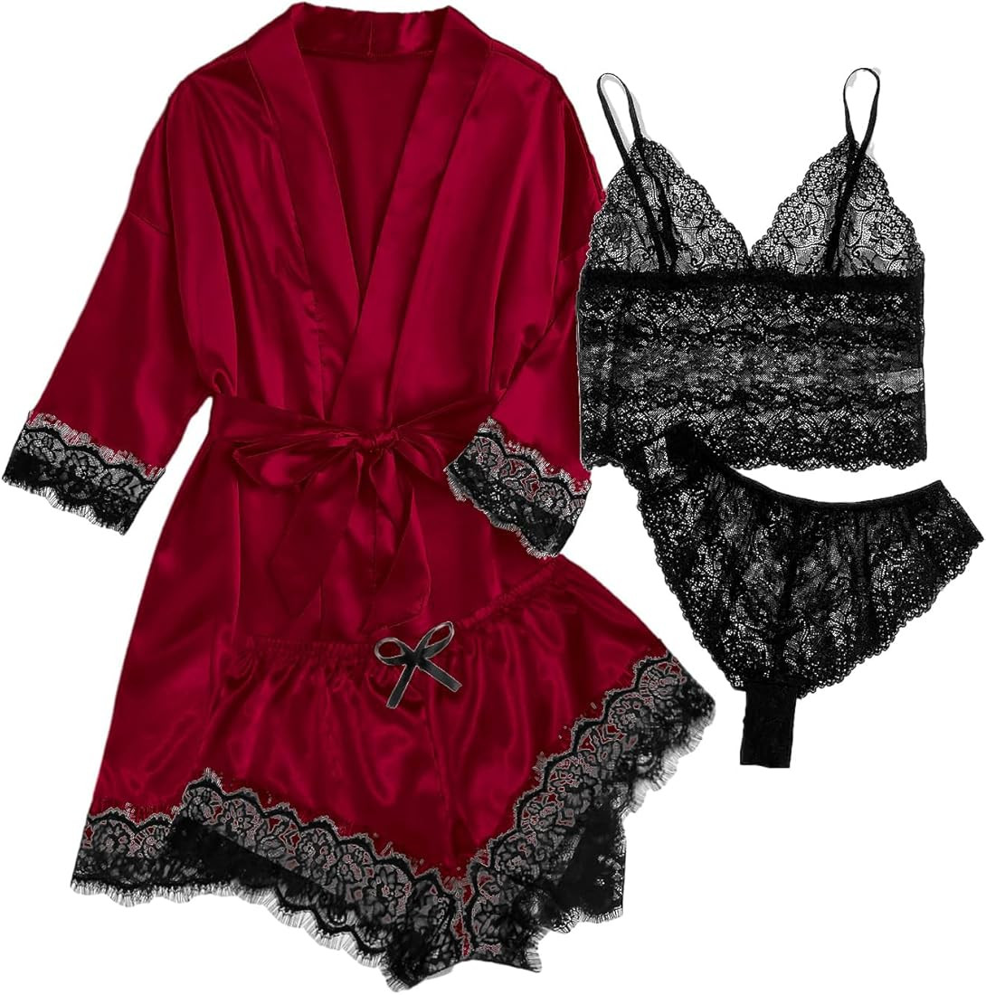 WDIRARA Women's Silk Satin Pajamas Set, 4pcs Lingerie Floral Lace Cami Sleepwear with Robe | Amazon (US)