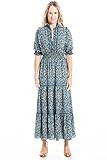 Max Studio Women's Elbow Length Sleeve Print Tiered Maxi Dress, Navy/Gold Floral Meadow, Small | Amazon (US)