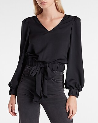 V-Neck Balloon Sleeve Tie Waist Top | Express