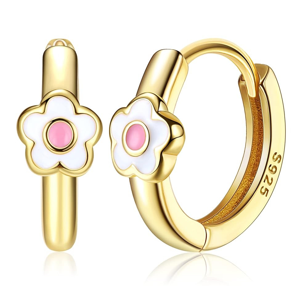 MILACOLATO 925 Sterling Silver Small Hoop Earrings Toddler 18K Gold Plated Daisy Earrings Pink Ye... | Amazon (US)