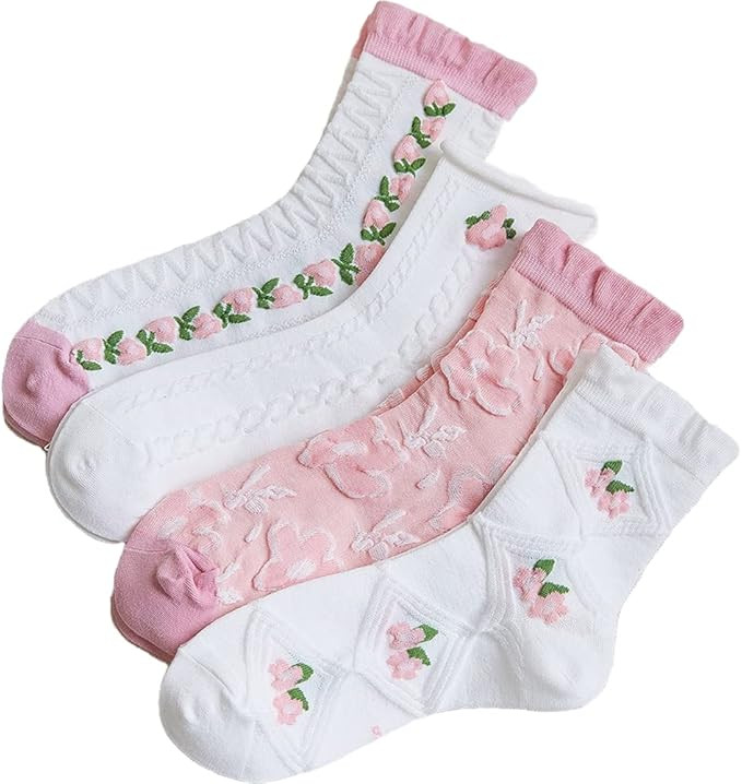CHUNFO Cute Pink White Flora Women Ankle Sock Stripe Lettuce Trim Knitted Comfy Embroidered Girl ... | Amazon (US)