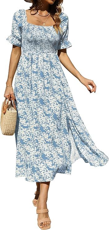 Zuimoaes Women's Summer Bohemian Floral Square Neck Short Sleeve Casual Smocked Split Vacation Be... | Amazon (US)