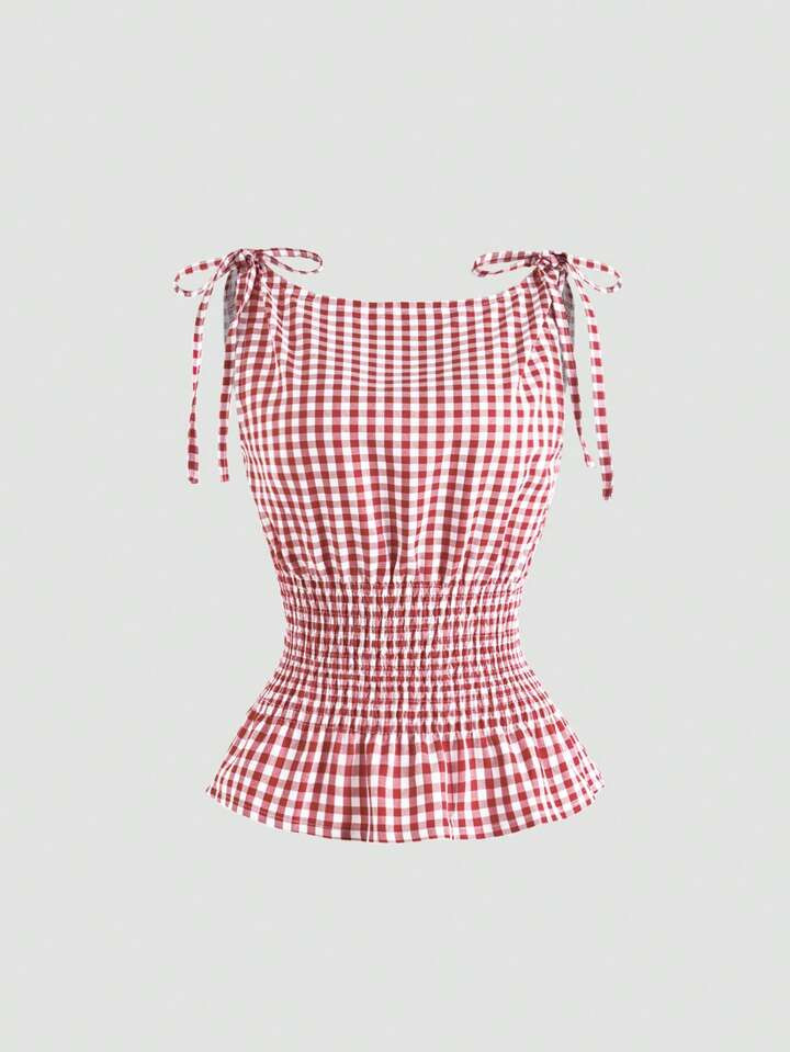 Sweetra Women's Spring/Summer Elegant Gingham Shoulder Tie Waist Fitted Slim Tank Top, Versatile For Daily Commute | SHEIN