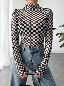 SHEIN EZwear Checker Print Mock Neck Top Without Bra SKU: sw2212154317723117(23 Reviews)$5.99AddT... | SHEIN