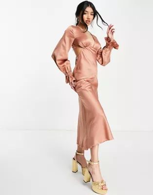 ASOS DESIGN satin bias midi dress with blouson sleeve in rose | ASOS (Global)