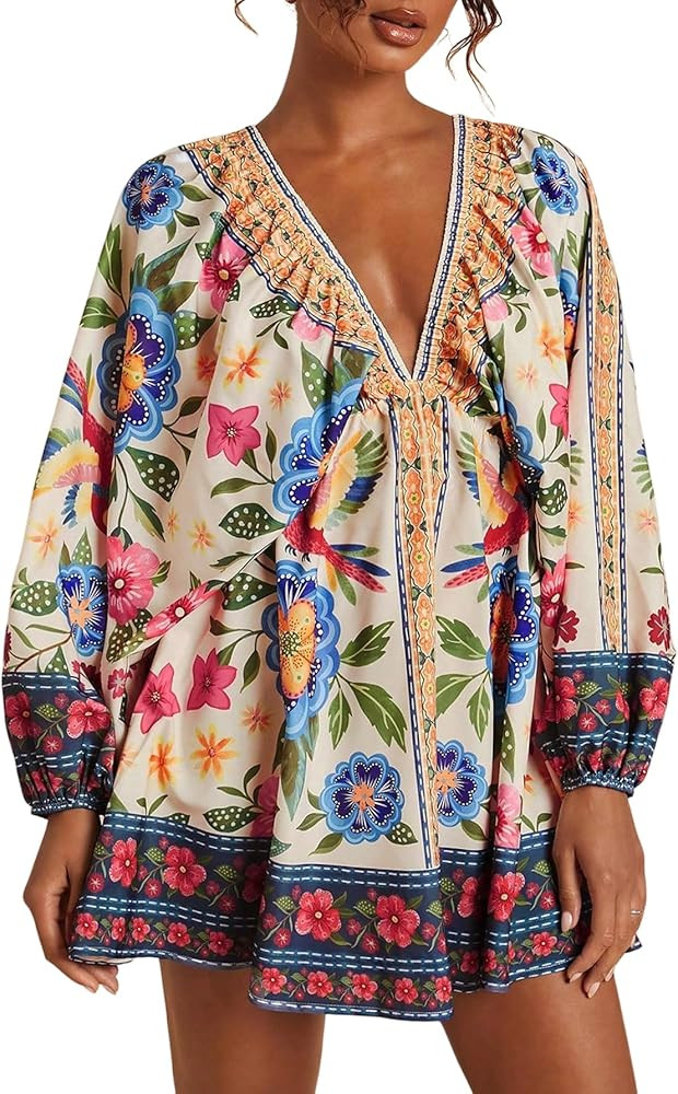 WDIRARA Women's Boho Floral V Neck Short Dress Lantern Sleeve Tie Back Flowy Tropical Dresses | Amazon (US)