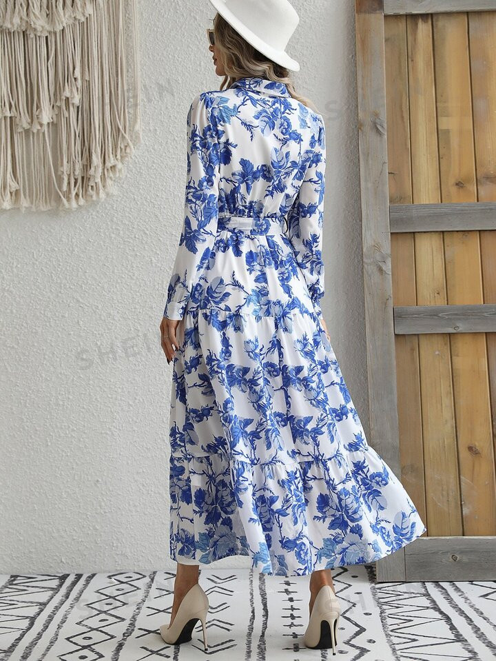 SHEIN VCAY Floral Print Layered Hem Belted Dress | SHEIN