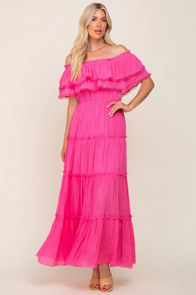 Pink Off Shoulder Eyelet Tiered Maternity Maxi Dress | PinkBlush Maternity