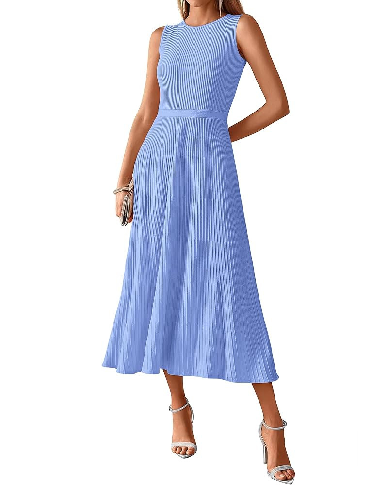 BTFBM Women Midi Bodycon Tank Dress Summer Crewneck Sleeveless Pleated A Line Business Casual Kni... | Amazon (US)