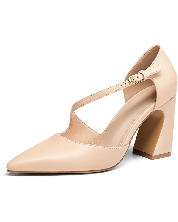 Coutgo Womens Chunky High Heels Closed Pointed Toe D'Orsay Pumps Elegant Work Office Dress Shoes | Amazon (US)
