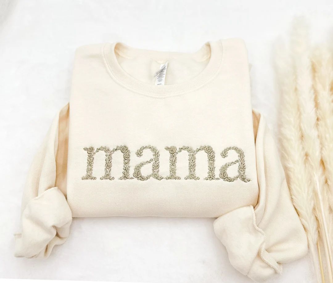 Embroidered Floral Mama Sweatshirt Hoodies, Custom Gift, Mother's Day Present, Embroidery Mama Cr... | Etsy (US)