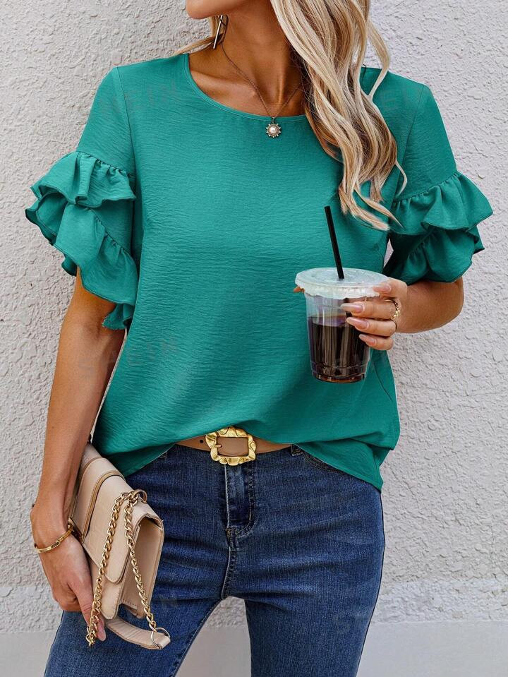 SHEIN LUNE Ladies' Solid Color Round Neck Frill Edge Casual Short Sleeve Shirt, Summer | SHEIN