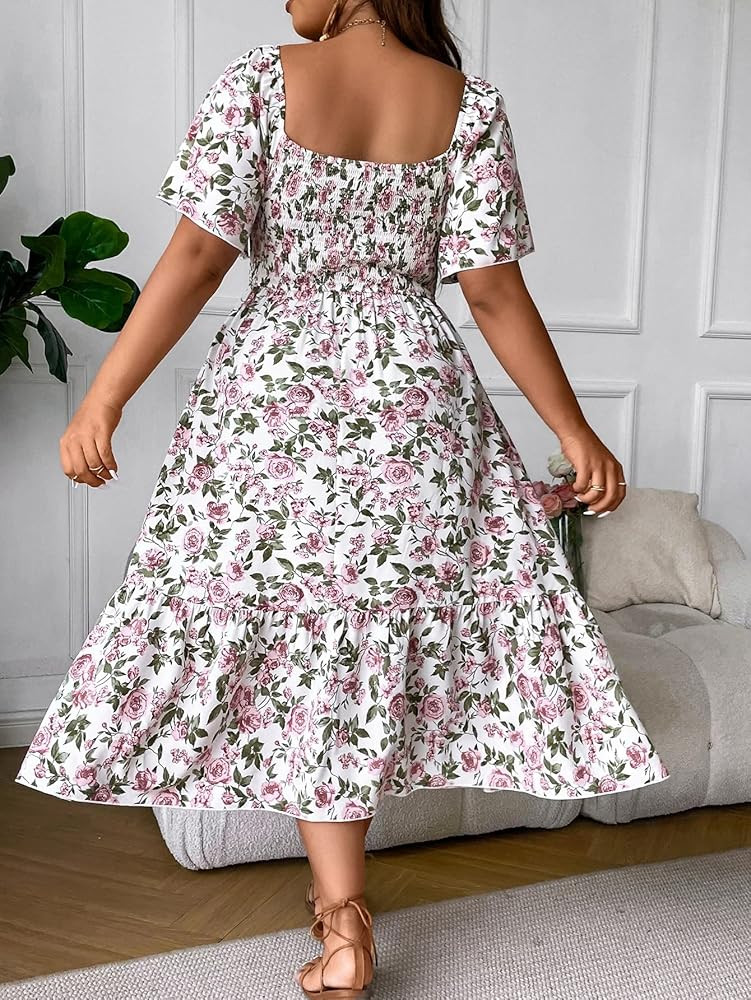 Floerns Women's Plus Size Floral Print Tie Front Square Neck Slit Hem Midi Dress | Amazon (US)