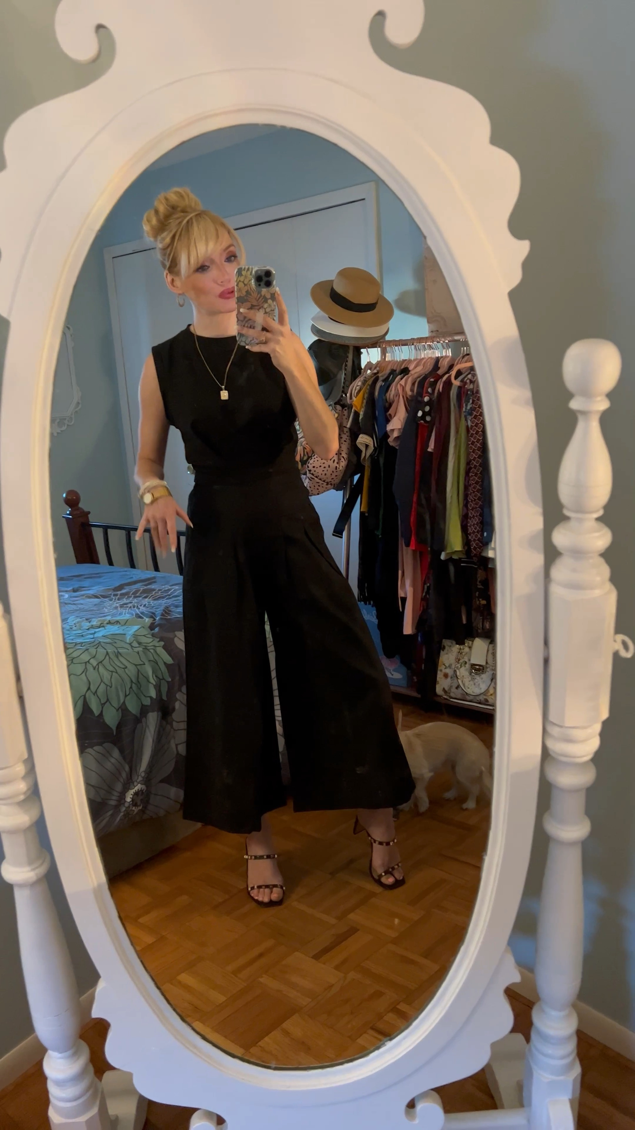 Black muscle tank crop top - black wide leg culottes - two piece set - fall transition outfit - chic - initial necklace - black and gold studded heel sandals - Amazon Fashion - Amazon Finds 

#LTKunder50 #LTKstyletip #LTKSeasonal