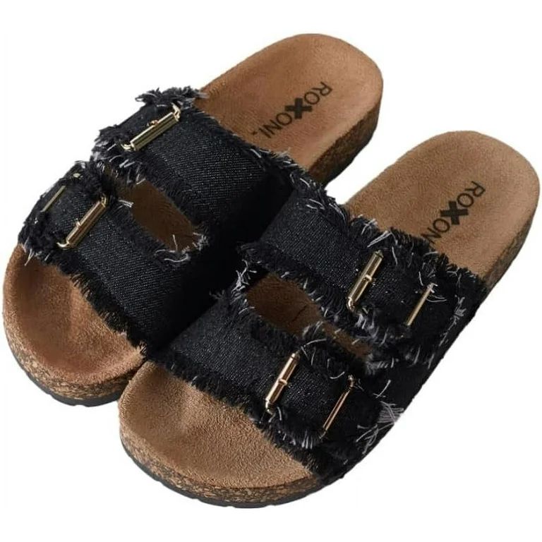 Roxoni Women's Comfort Flat Sandals Double Buckle Adjustable Straps Flat Slides Footbed Suede | Walmart (US)