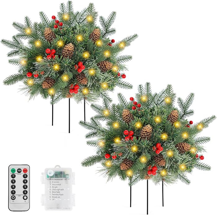 Lighted Artificial Christmas Urn Filler, 2 Pack Small Xmas Pine Tree Outdoor Decorations with Con... | Amazon (US)
