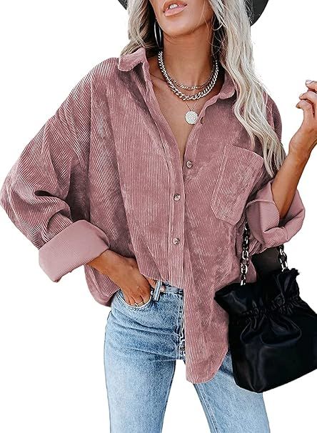 Women's Corduroy Button Down Pocket Shirts Casual Long Sleeve Oversized Blouses Tops | Amazon (US)
