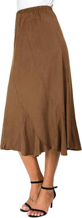 Women's Elegant Ankle Length Ruffle Hem Elastic Waist Suede Midi Skirt | Amazon (US)