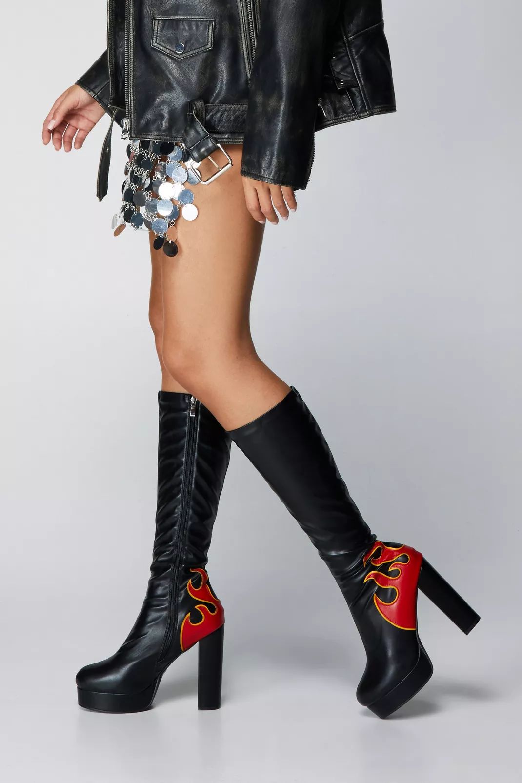 Faux Leather Flame Platform Knee High Boots | Nasty Gal (US)