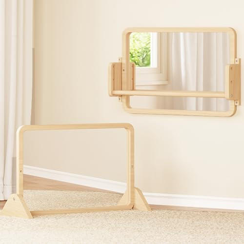 Woodtoe 3-in-1 Montessori Mirror with Bar, Adjustable Toddler Mirror & Pull Up Bar, Montessori Learning Toy for Baby 6-18 Months, Nursery Mirrors, Natural Wood Furniture for Daycare, Kids Classroom | Amazon (US)