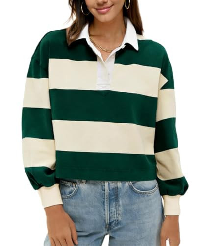 Nicfazy Women's Rugby Shirt Striped Long Sleeve Polo Top Loose Fit Casual Button Closure Blouse(Green-S) | Amazon (US)