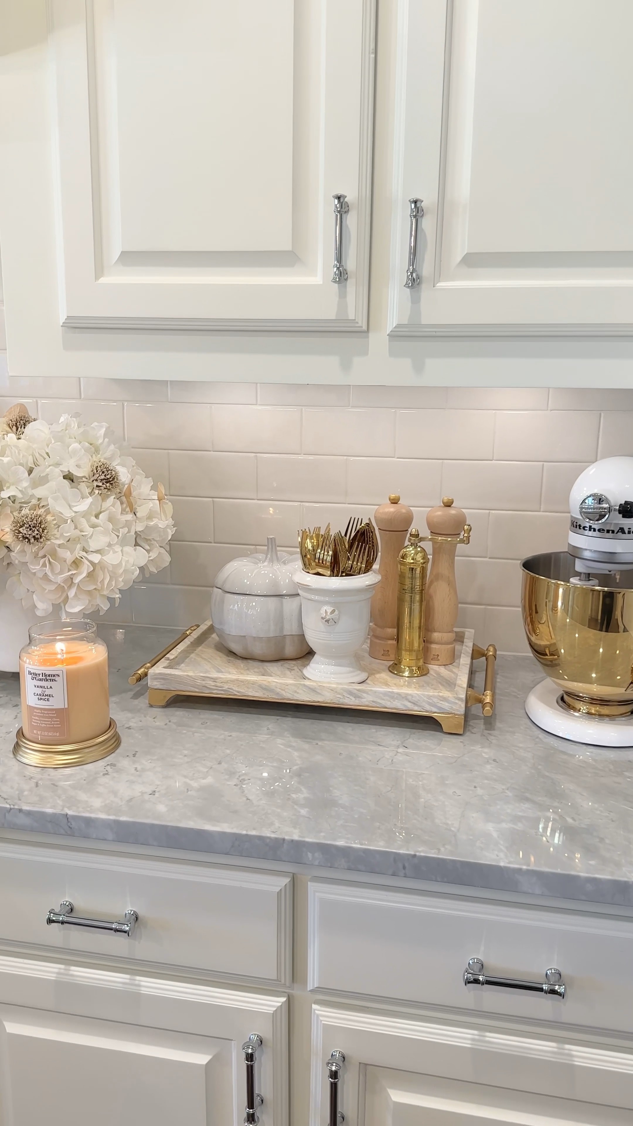 Fall kitchen decor! My marble tray with gold handles is 25% off! 

White and gold kitchenaid mixer, kitchen accessories, gold flatware, brass pepper mill, fall candles, Walmart finds Walmart home pumpkin decor 

#LTKhome #LTKsalealert #LTKstyletip