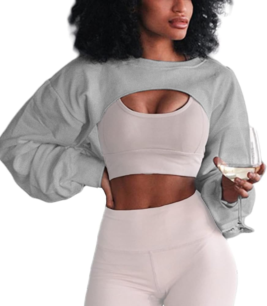 LovelyWholesale Women Crewneck Long Sleeve Crop Top Workout Gym Casual Cut out Loose Cropped Swea... | Amazon (US)