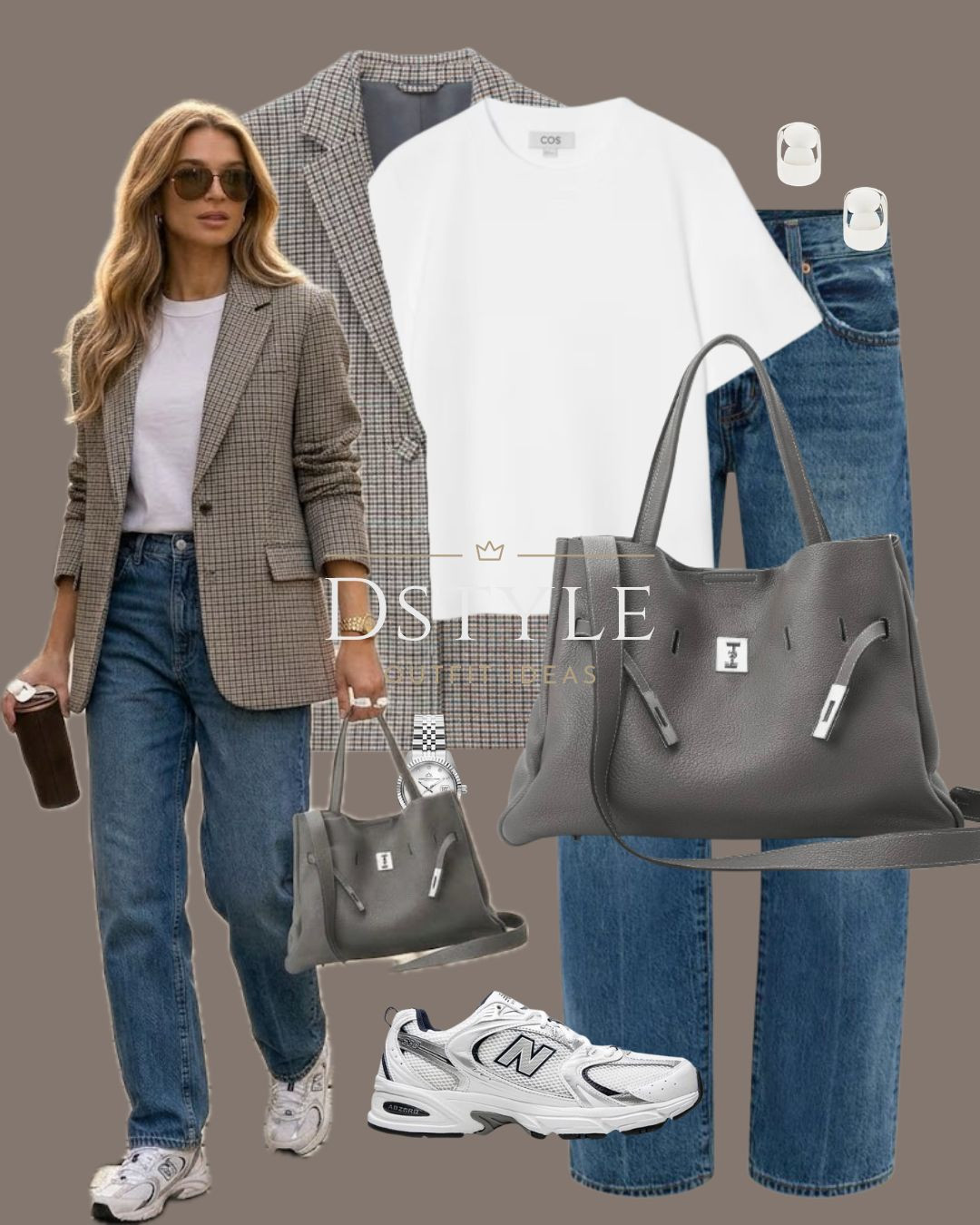 Smart casual perfection. A structured houndstooth blazer paired with high-waisted blue jeans, a relaxed white tee, grey leather tote, and retro sneakers.

Casual Blazer Outfit

#LTKootd