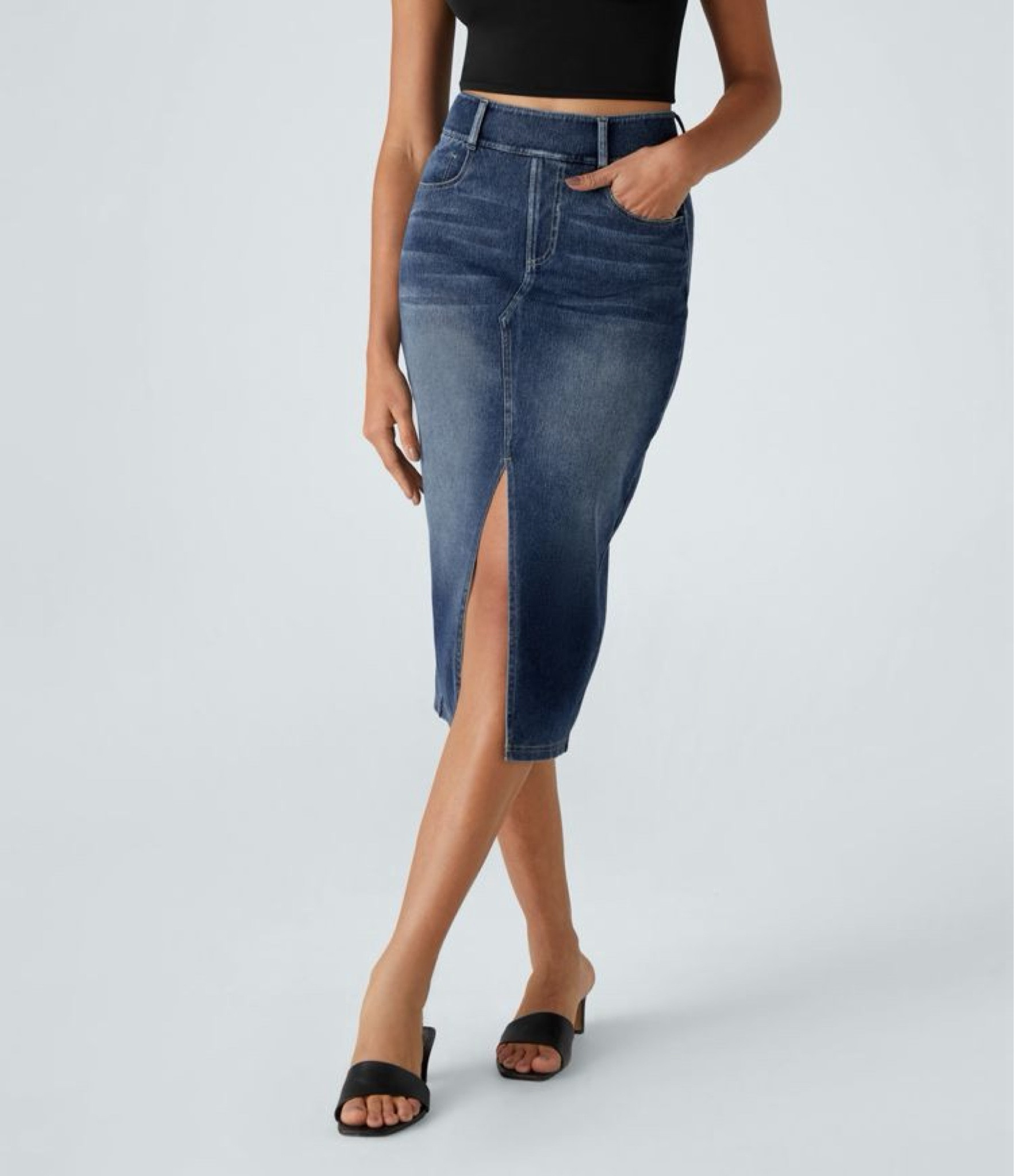 A denim High Waisted Multiple Pockets Bodycon Split Washed Stretchy Knit Denim Casual Midi Skirt.  

#LTKFindsUnder50 #LTKTravel #LTKStyleTip
