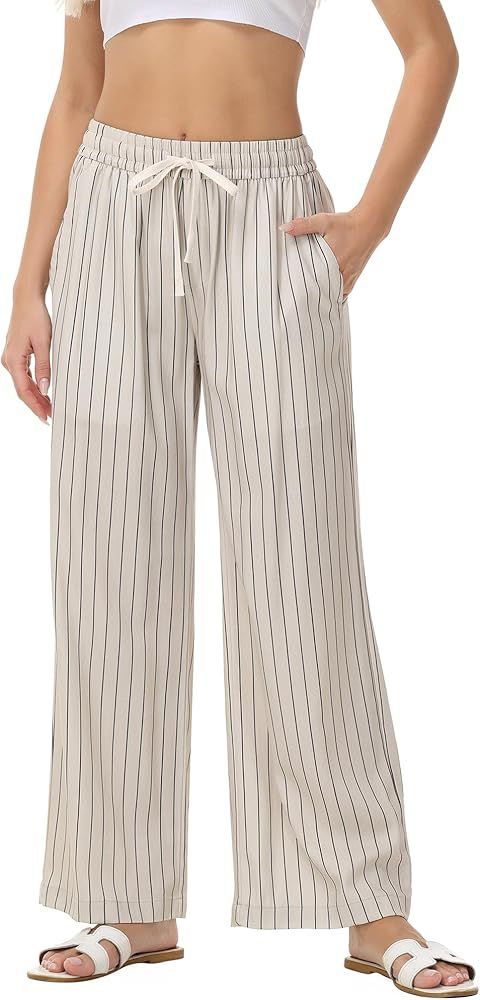 MCEDAR Linen Blend Pants for Women High Waisted Wide Leg Striped Drawstring Beach Pants with Pock... | Amazon (US)