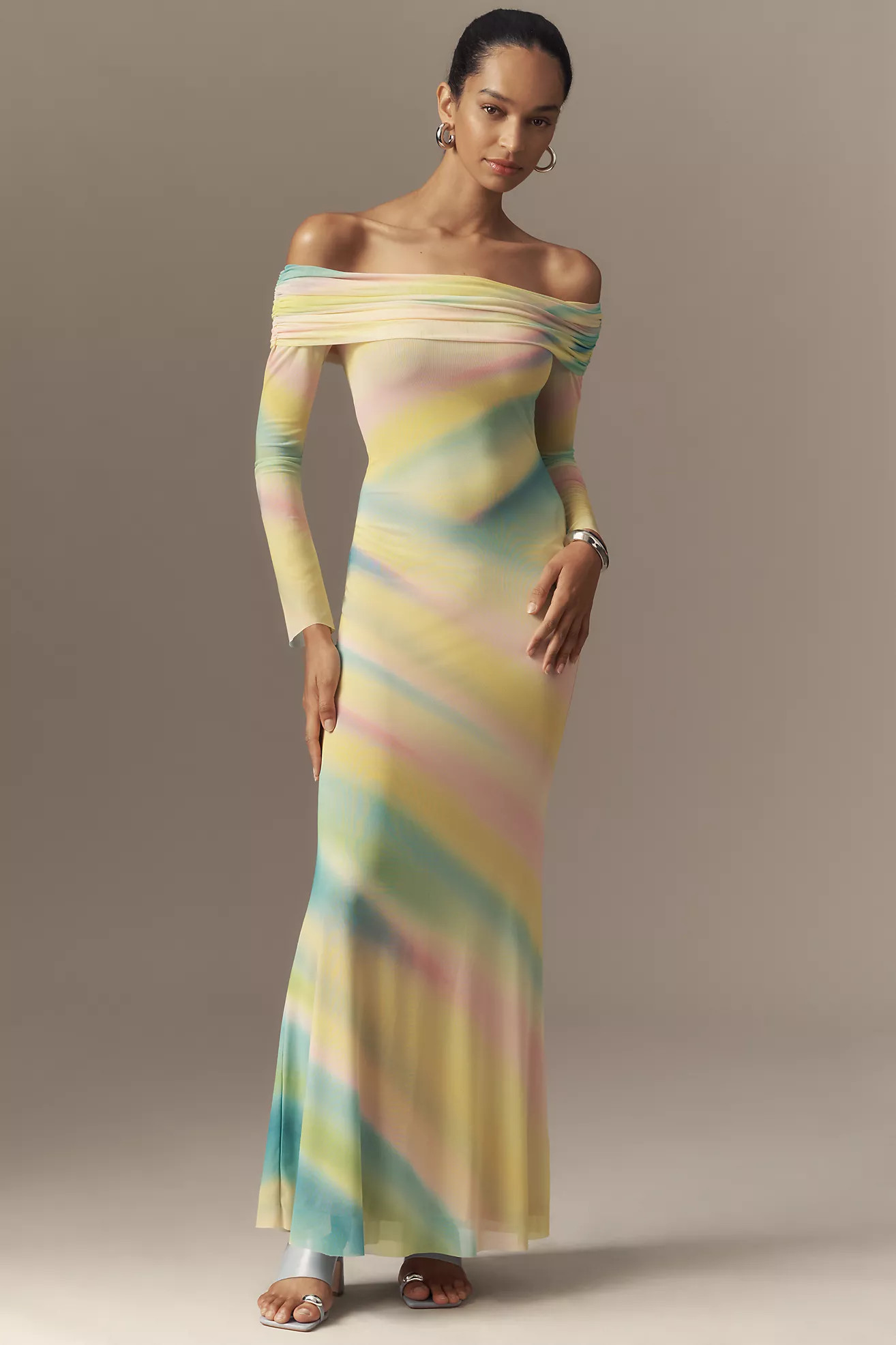 AFRM Long-Sleeve Off-The-Shoulder Mesh Maxi Dress | Anthropologie (US)