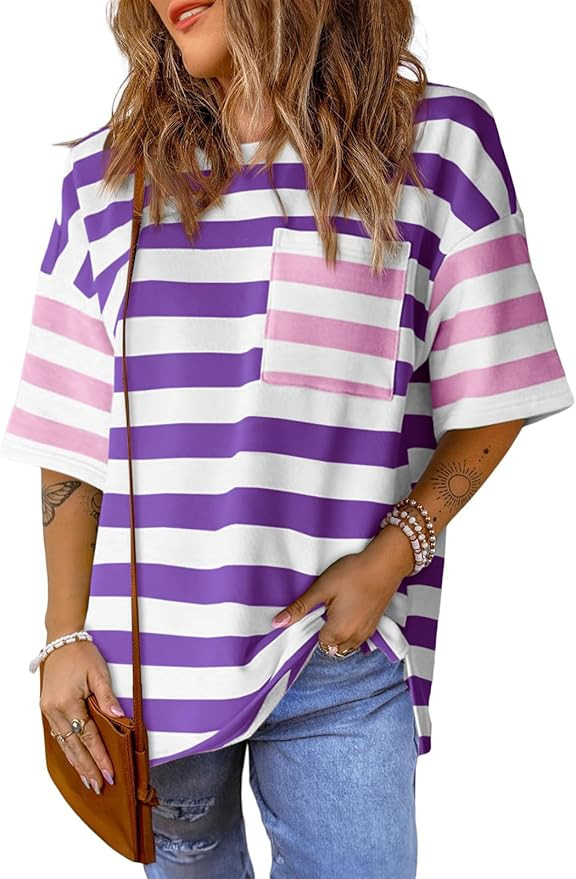 Womens Oversized Striped Tshirts Summer Comfort Colors Tee Shirt Short Sleeve Color Block Loose F... | Amazon (US)