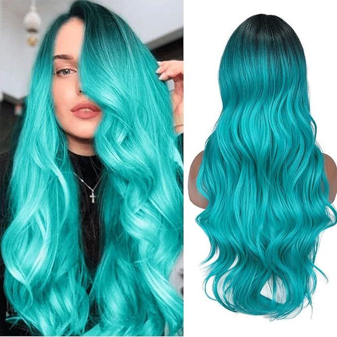 FAVE Ombre Bluish Green Wig Long Wavy Side Part Wig Heat Resistant Synthetic Hair Teal Blue Wig M... | Amazon (US)