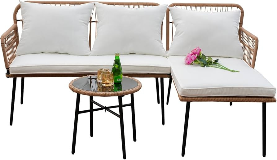 Homsido Outdoor L-Shaped Patio Chairs Set, Boho Woven Blcony Furniture Set of 3,Boho Woven Balcon... | Amazon (US)