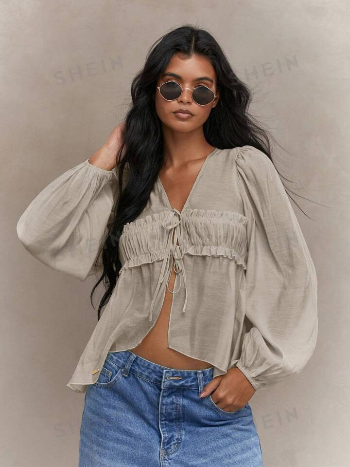 MISSGUIDED Sheer Ruched Bust Balloon Sleeves Shirt Blouse | SHEIN USA | SHEIN