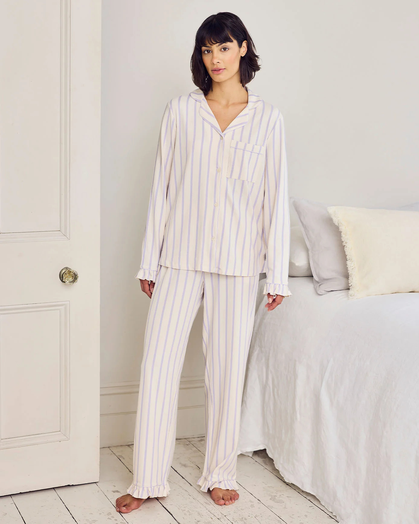 Organic Cotton Lilac Stripe Frill Long Pyjama Set | Chelsea Peers NYC