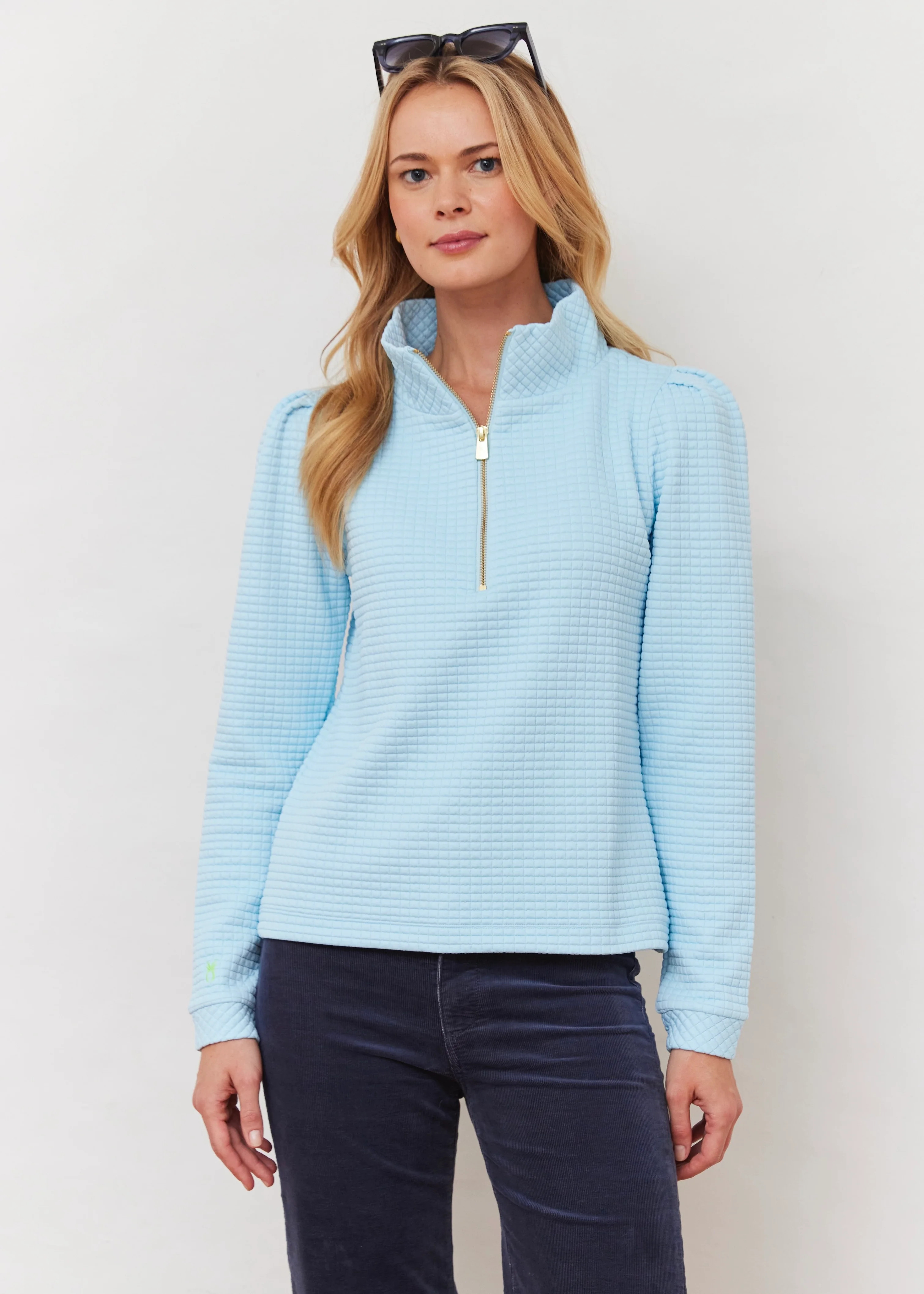 Sabrina Puff Sleeve Pullover in Waffle (Crystal Blue) | Dudley Stephens
