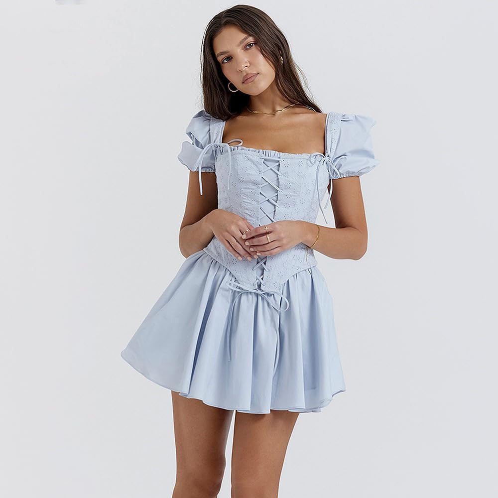 Women's Puff Sleeve Lace-Up Eyelet Mini Dress, Light Blue | Amazon (US)