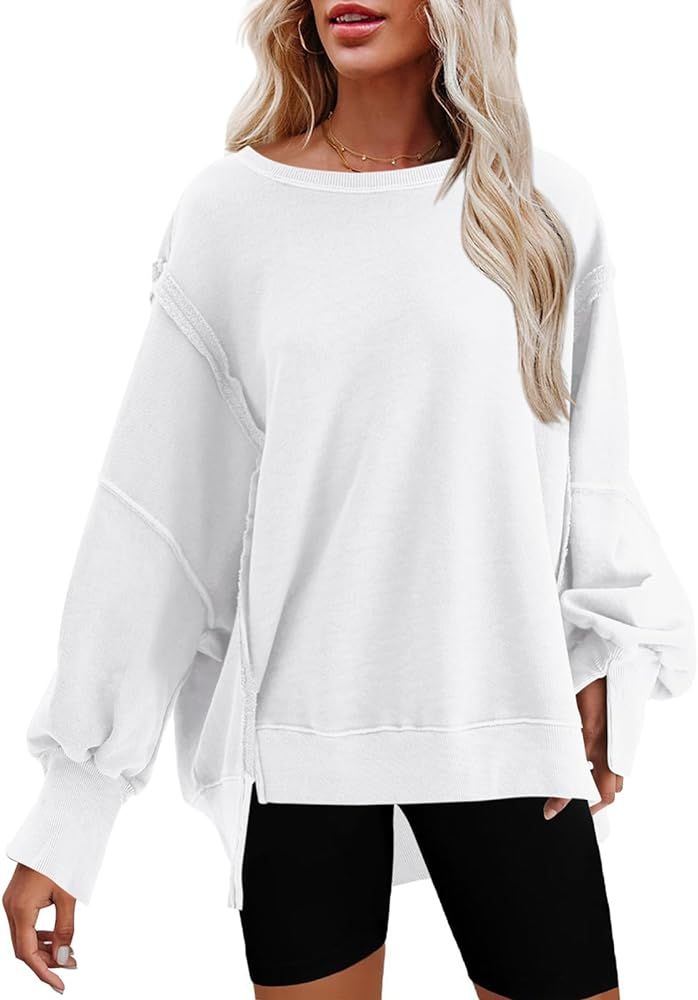 Nirovien Womens Oversized Crewneck Sweatshirt Side Slit Long Sleeve Pullover Slouchy Fit Tops | Amazon (US)