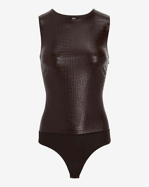 Body Contour Croc Faux Leather High Neck Thong Bodysuit | Express
