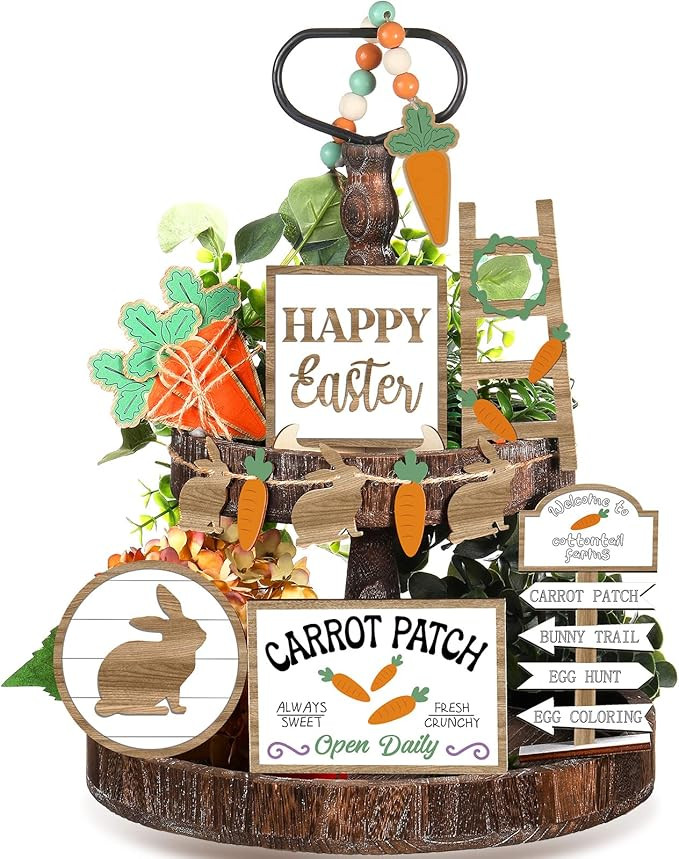 12 Pcs Easter Tiered Tray Decor Wooden Carrot Patch Bunny Egg Items Happy Easter Tray Signs for S... | Amazon (US)